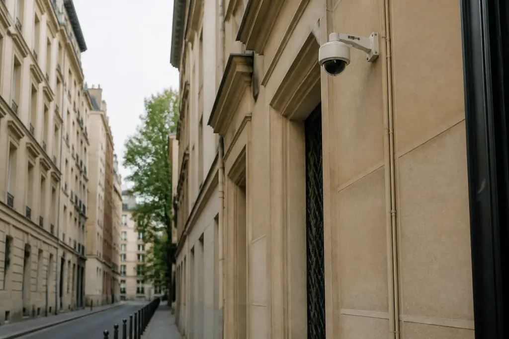 Rue urbaine avec immeubles et camera surveillance visible
