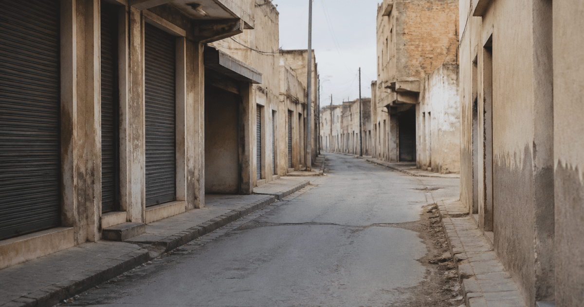 Rues desertes de quartier urbain avec batiments degrades fermes