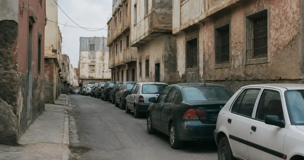 Rue urbaine avec immeubles delabres et voitures garees