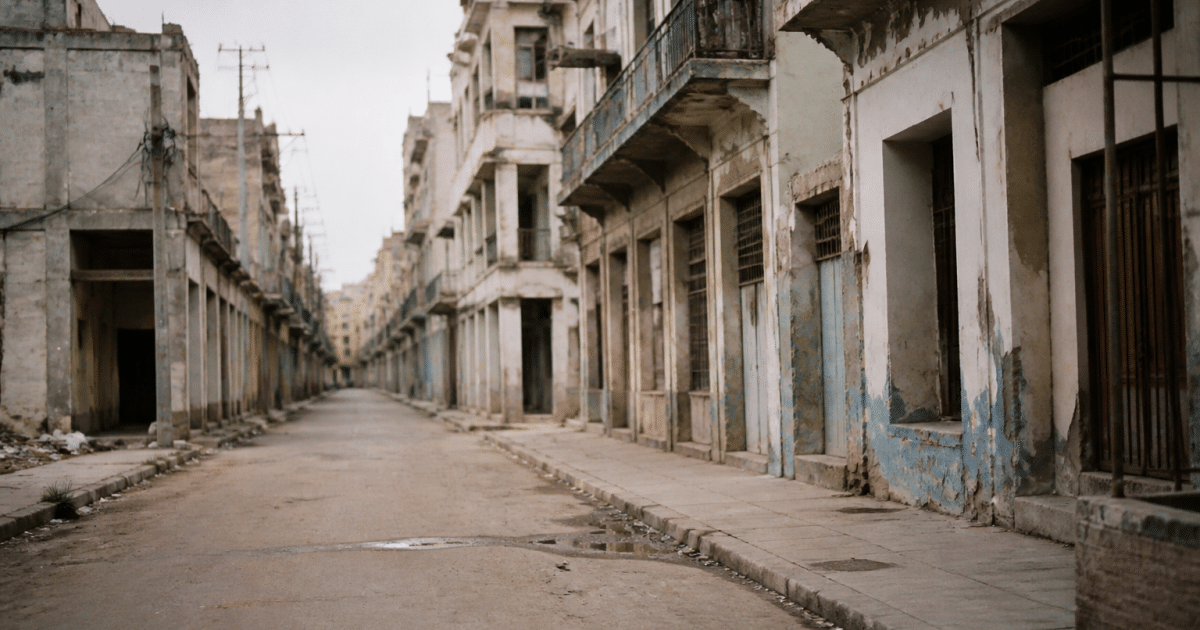 Rues desertes avec immeubles degrades et delabrés visibles