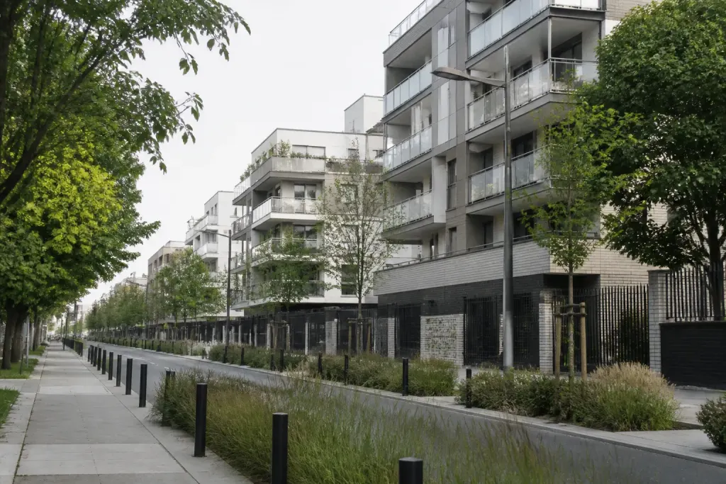 Immeubles modernes avec espaces verts verdoyants et larges avenues