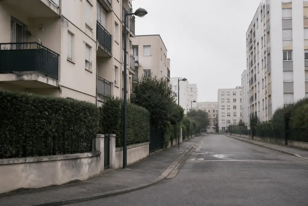 Quartiers urbains avec immeubles résidentiels et rues désertes