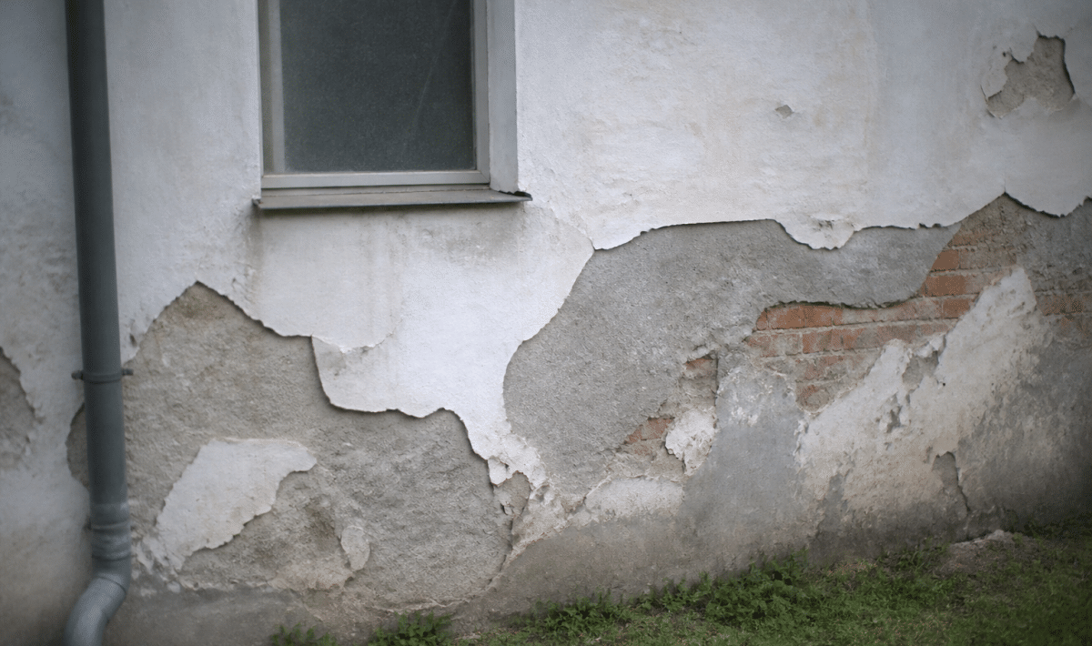Facade exterieure avec enduit detache et mur expose par zones