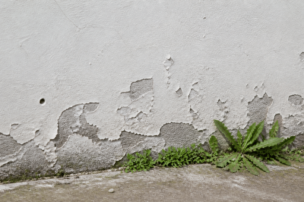 Mur avec crépi blanc partiellement décollé et écaillé