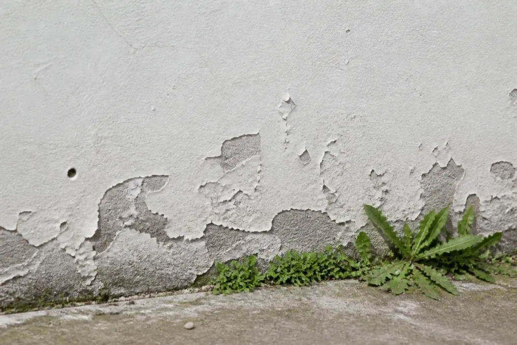 Mur avec crépi blanc partiellement décollé et écaillé