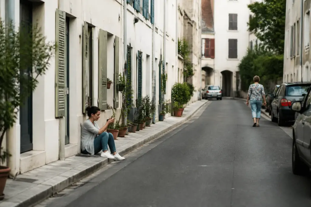 Rue paisible avec facades renovees et habitants detendus