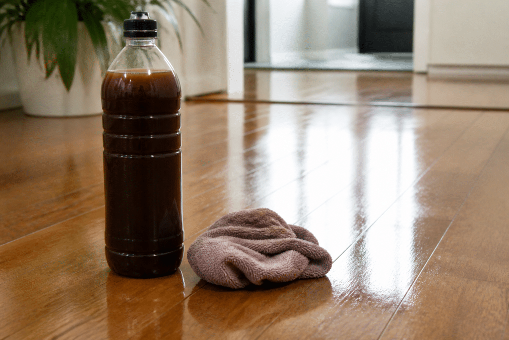 Bouteille savon noir et chiffon nettoyant parquet brillant