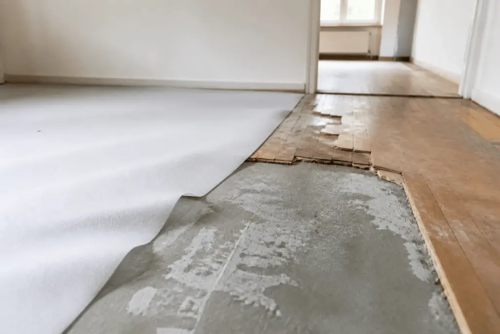 Sous-couche isolante posée sur dalle béton humide avec parquet endommagé.