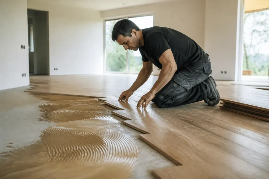 Ouvrier posant parquet salon spacieux surface grande économie