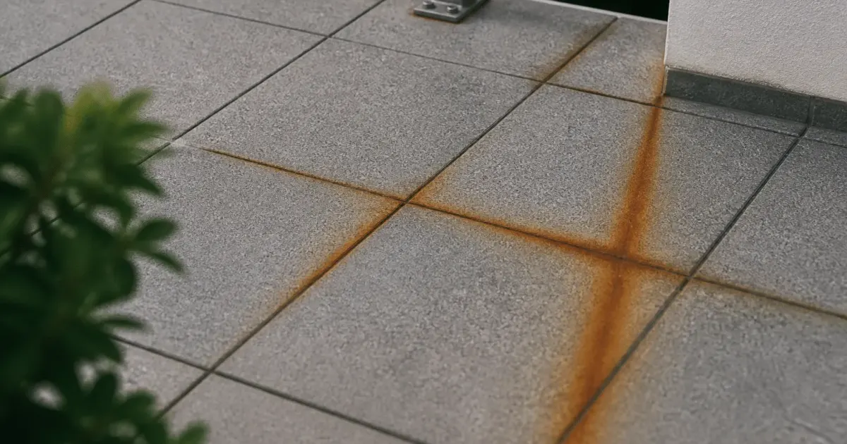 Trace orangée corrosion sur surface carrelage gris exterieur