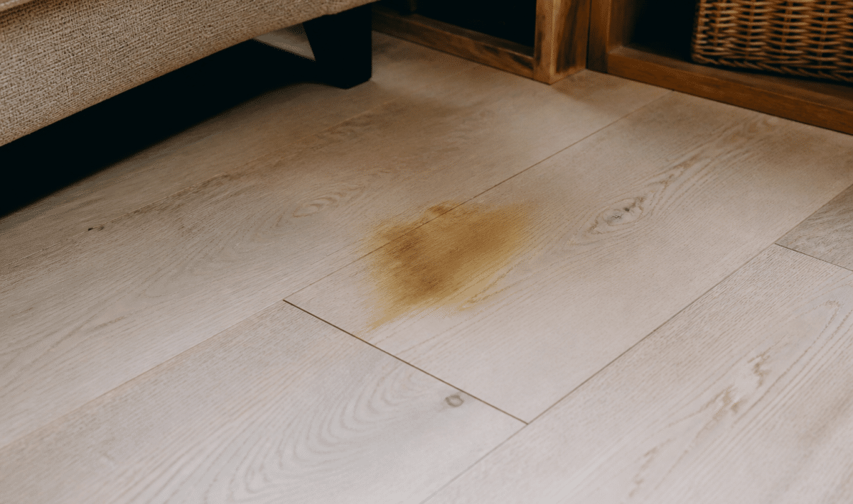 Tache jaune foncee sur lame parquet bois clair