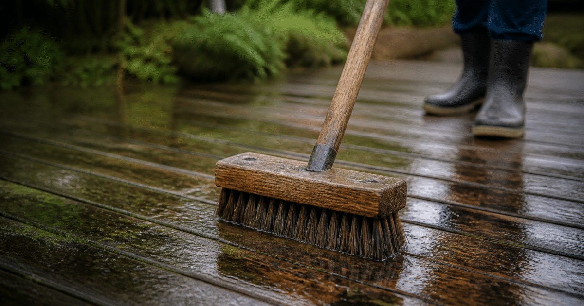 Brosse en bois nettoyant une terrasse humide horizontalement