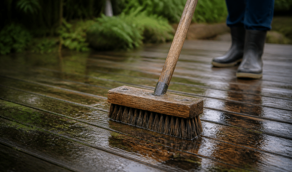 Brosse en bois nettoyant une terrasse humide horizontalement