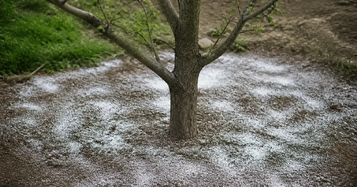 Poudre blanche versée sur sol brun autour cerisier