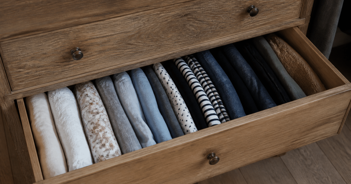 Vetements plies verticalement dans tiroir ouvert organisation rangement