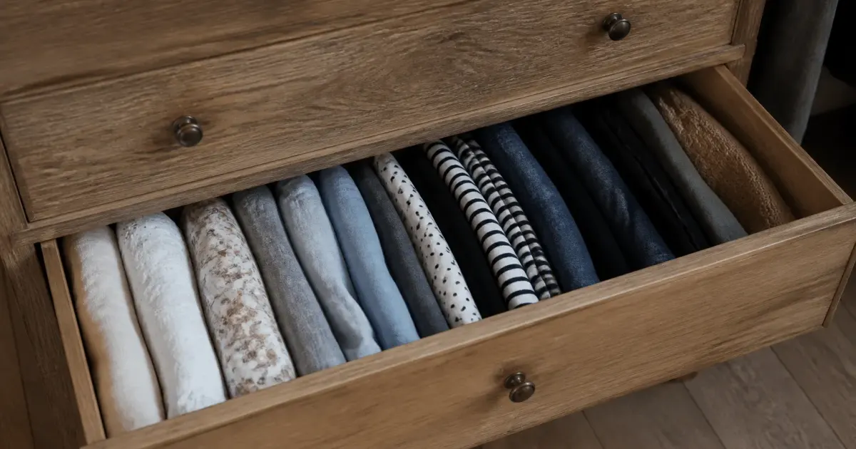 Vetements plies verticalement dans tiroir ouvert organisation rangement