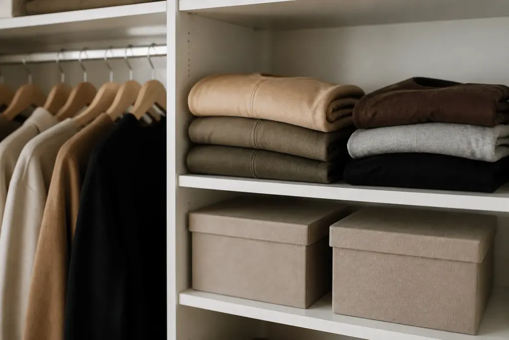 Vetements plies sur etagere avec cintres et boites ordonnees