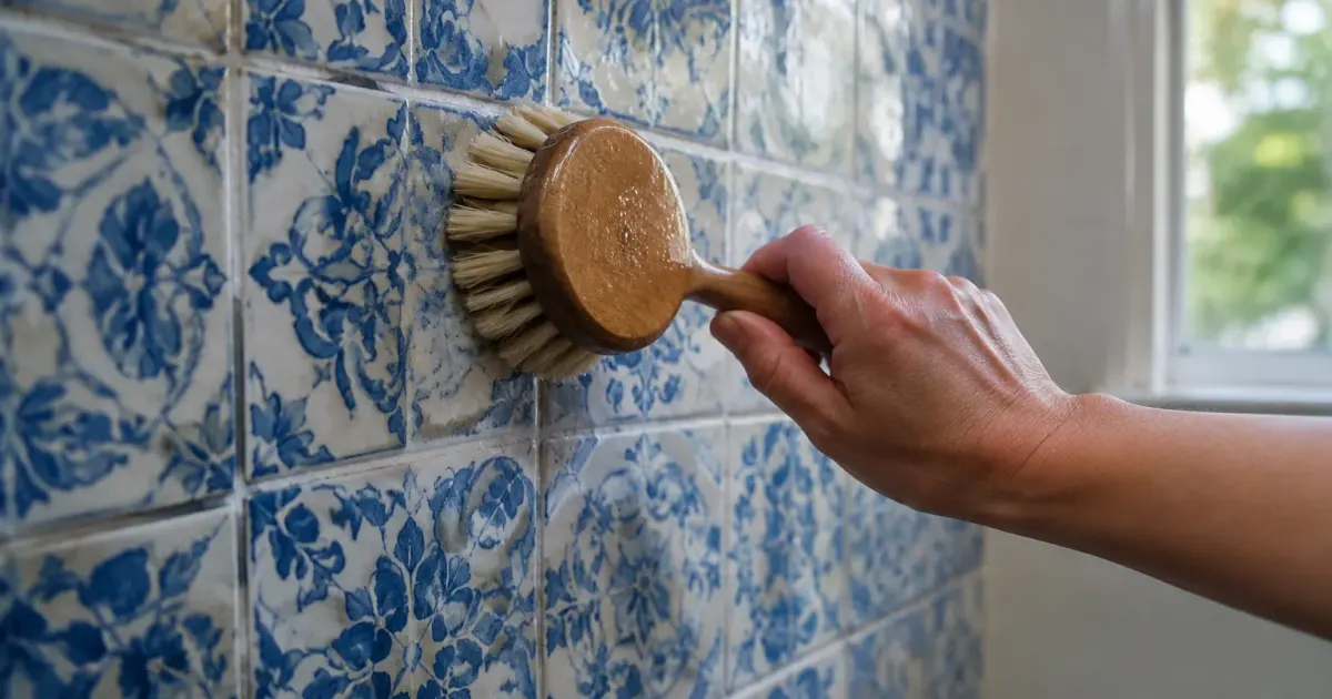 Brosse ronde nettoie carreaux bleus motifs anciens