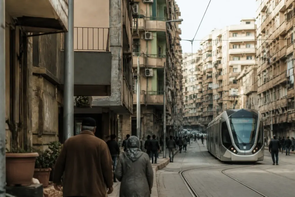 Immeubles résidentiels denses avec rues animées et transports publics