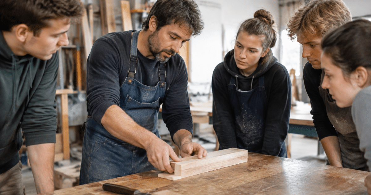 Instructeur montrant technique de menuiserie à groupe d'apprentis attentifs
