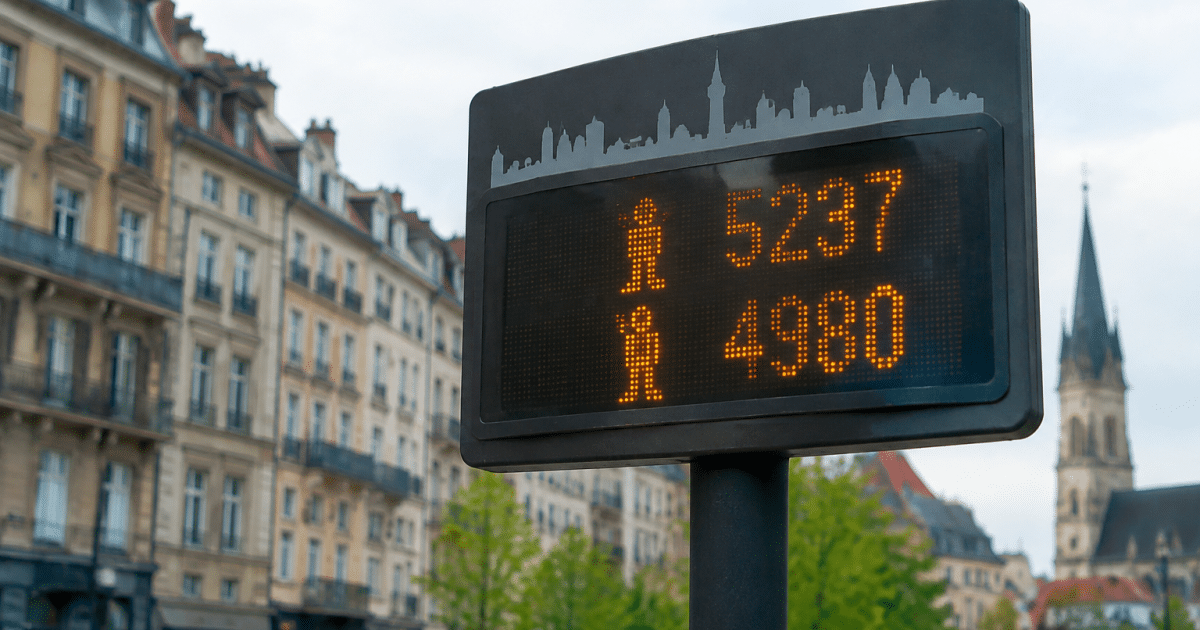 Panneau indicateur affichant chiffres population devant batiments ville