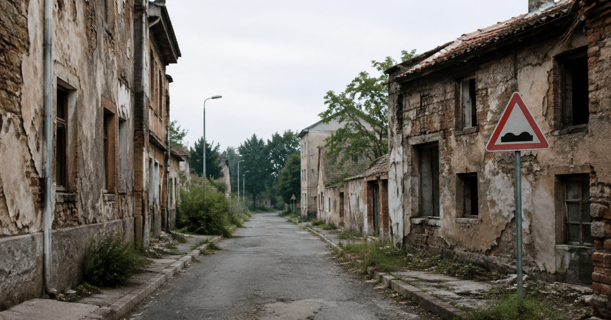 Rue deserte avec batiments delabres et panneaux d'avertissement visibles