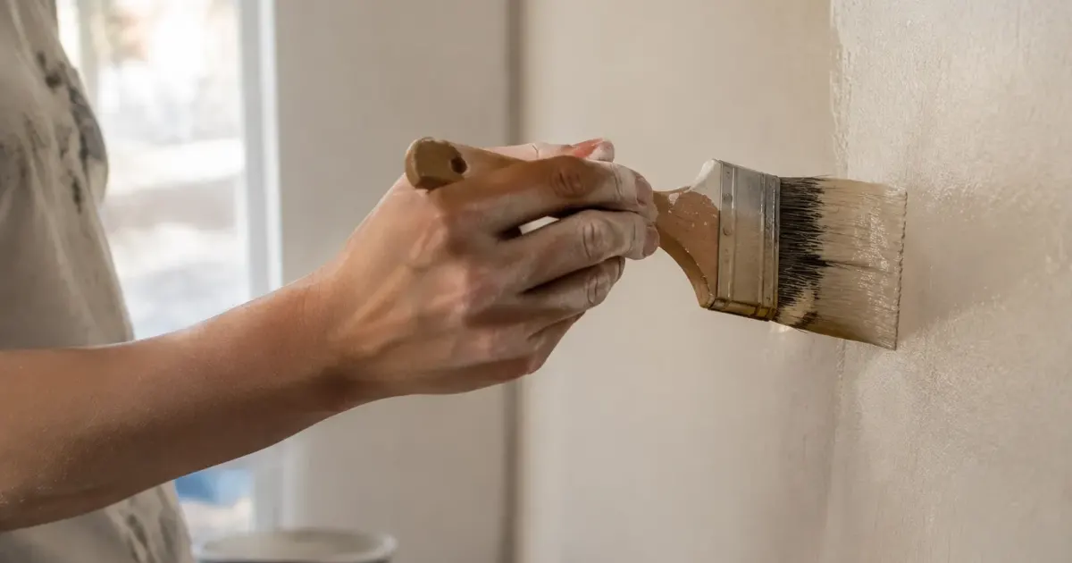Bras etire pinceau appliquant peinture surface beige