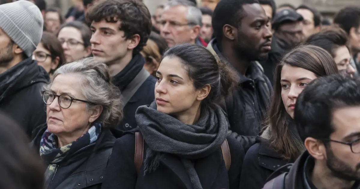 Foule compacte de residents immobiles presses cote a cote