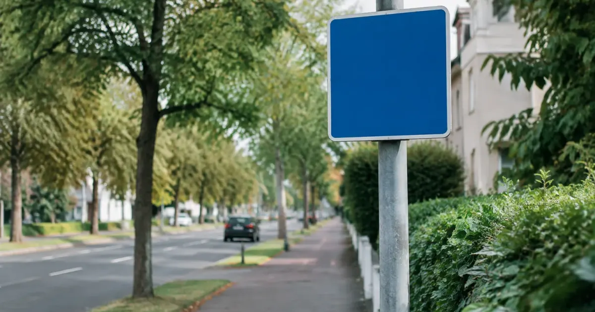 Grand panneau bleu sur poteau bordant une avenue