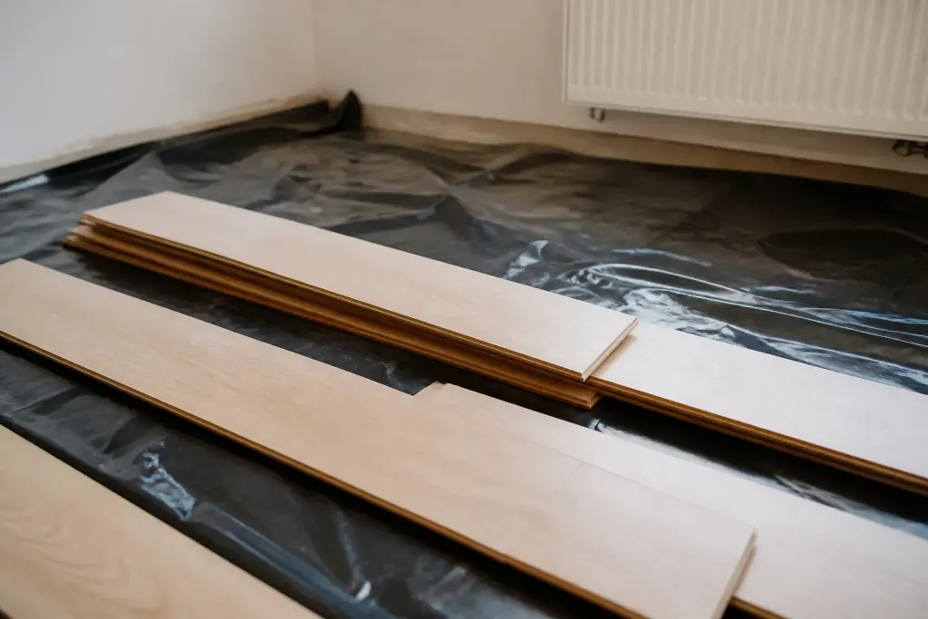 Lames de parquet clair posees sur film plastique noir