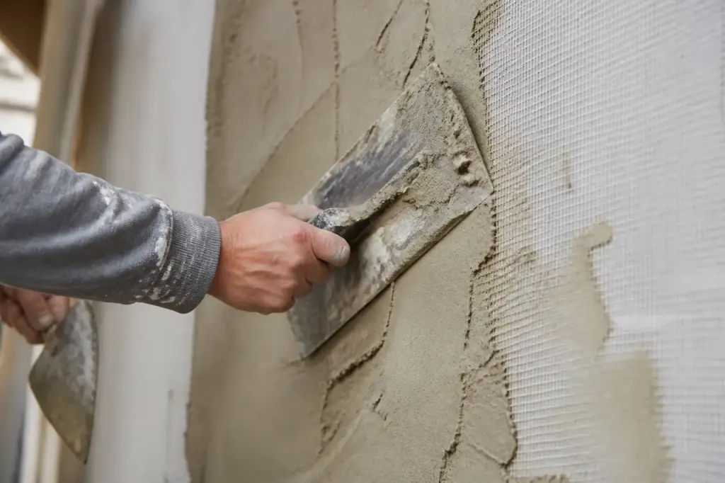 Mains appliquant un enduit epais sur mur avec spatule