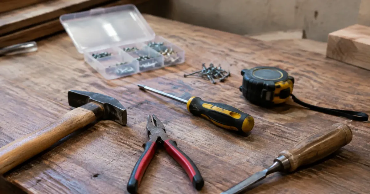 Outils de bricolage poses sur un etabli en bois