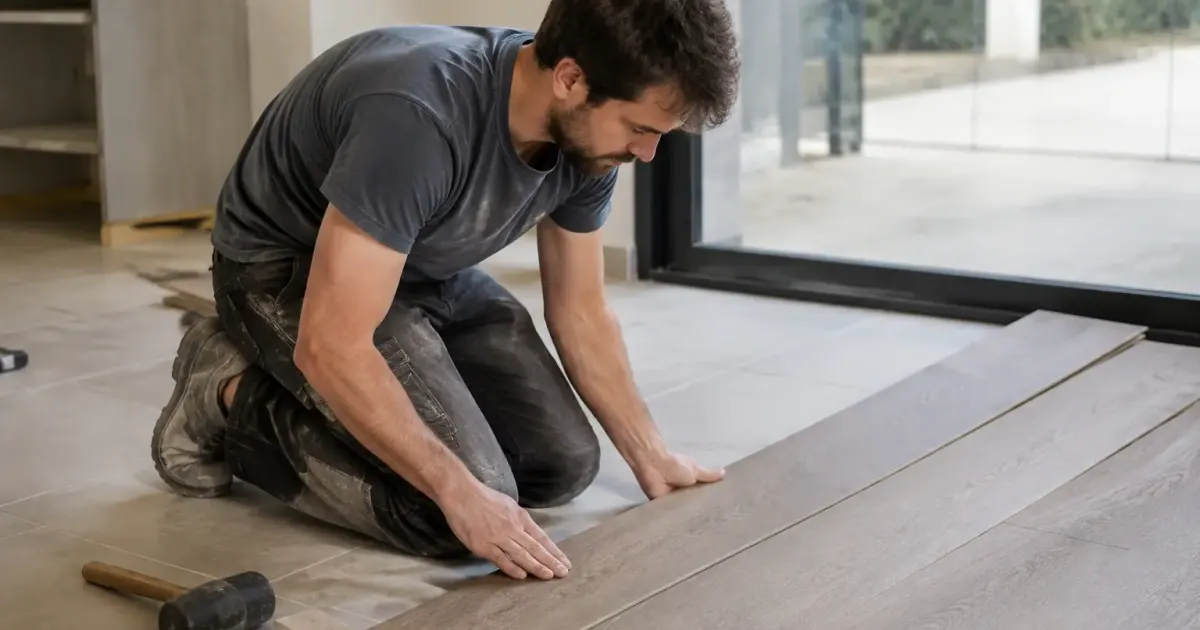 Ouvrier agenouille pose lames de bois sur carrelage