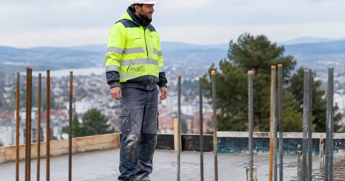 Ouvrier debout sur dalle beton avec tiges verticales