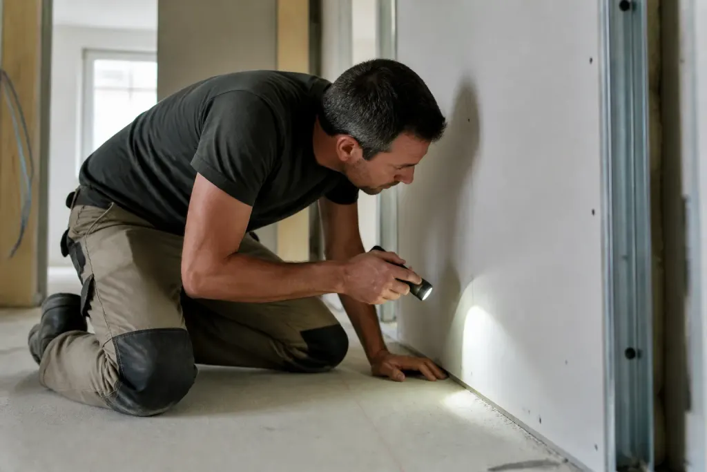 Ouvrier examine une cloison avec une lampe torche