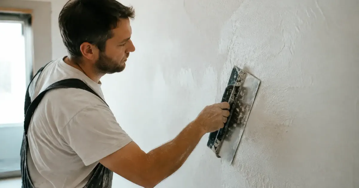 Ouvrier passant une spatule texturee sur mur blanc