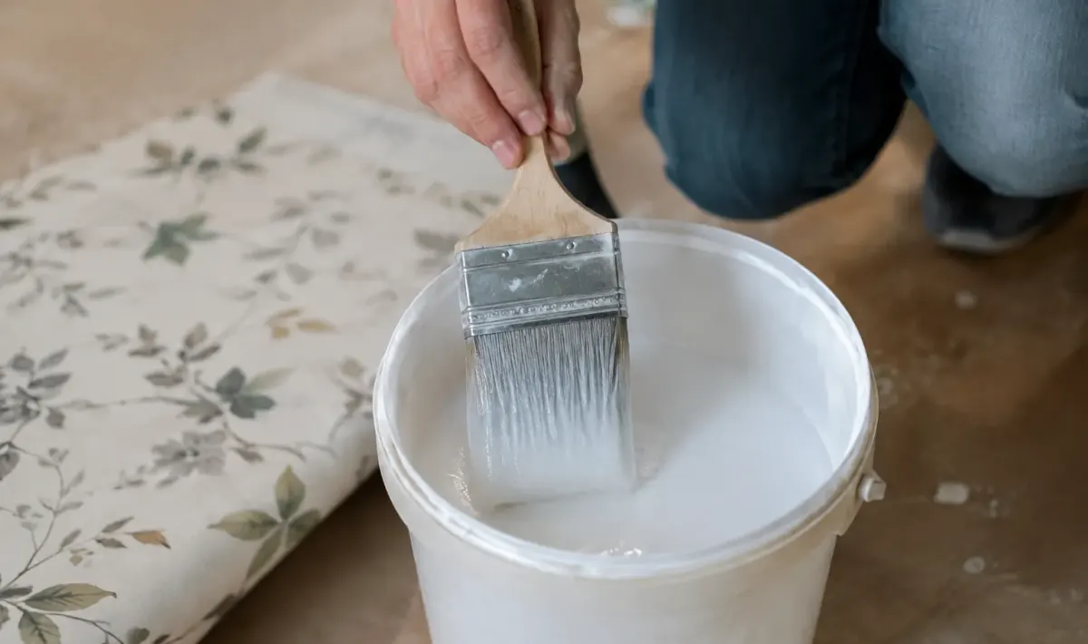Pinceau trempe dans colle liquide sur papier peint