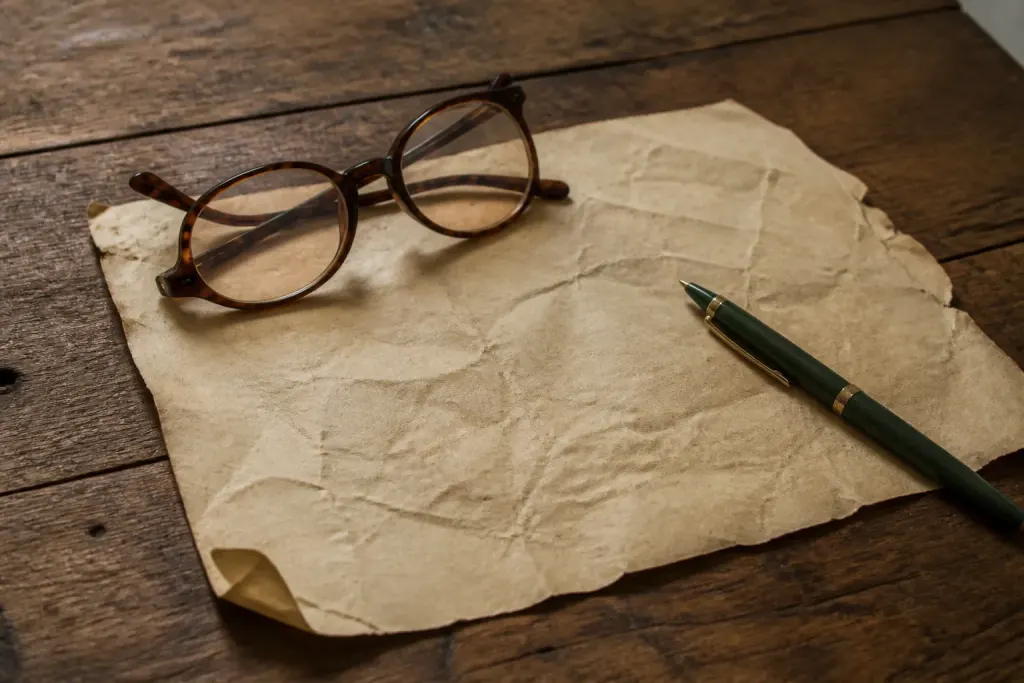 Plan papier jauni, lunettes et stylo sur bois