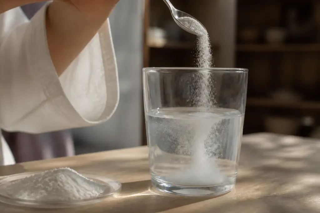 Poudre blanche versee lentement dans l eau