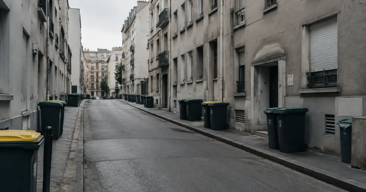 Rue vide bordee de poubelles et immeubles gris