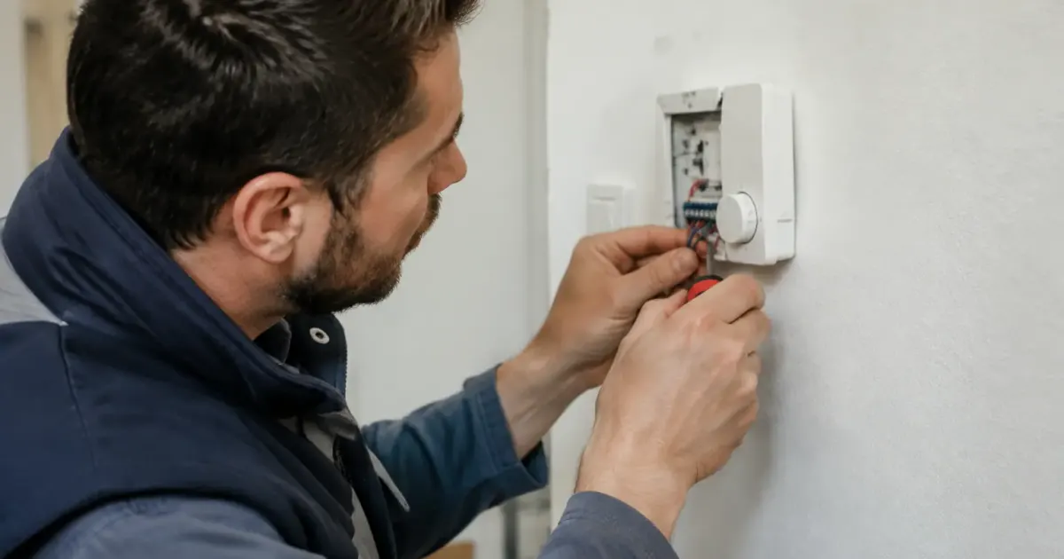 Technicien branche deux fils sur thermostat mural blanc