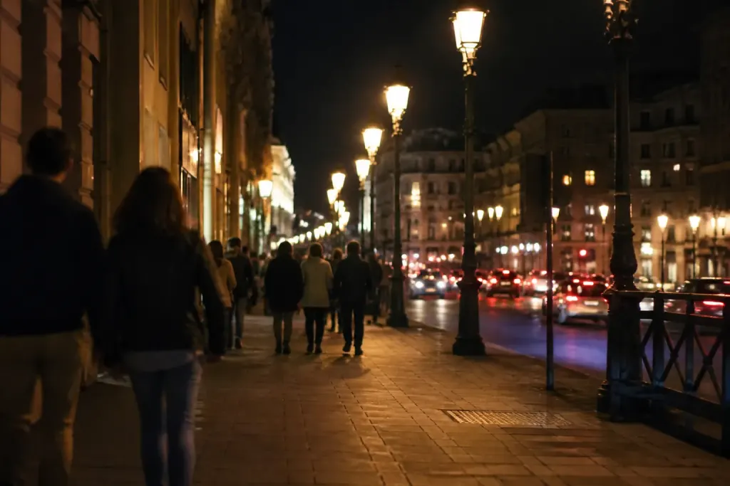 Trottoir anime avec lampadaires et passants le soir
