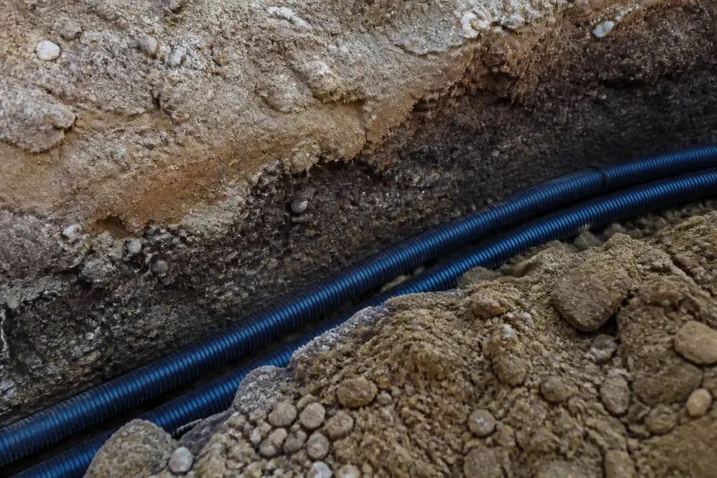 Tuyaux noirs de drainage visibles dans la terre